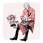  :3 antlers apple apron cigarette curly_eyebrows food fruit hat holding holding_food holding_fruit holding_knife horns invisible_chair itowo_(itowc) knife monochrome mouth_hold necktie one_piece pants peeling red_theme sanji_(one_piece) shirt short_hair sitting smile tony_tony_chopper 