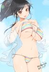  :d ass_visible_through_thighs asuka_(senran_kagura) bare_shoulders bikini blush bouncing_breasts breasts brown_eyes brown_hair cleavage commentary hair_ribbon hands_on_own_chest highres jumping kinako_(mzknk0) large_breasts looking_at_viewer medium_hair multicolored_bikini multicolored_clothes multicolored_stripes navel open_mouth ponytail rainbow_bikini ribbon see-through see-through_shirt senran_kagura short_ponytail smile string_bikini striped_bikini striped_clothes swimsuit underboob white_ribbon 