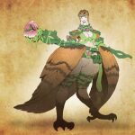  1girl bird_legs bird_tail breasts brown_feathers brown_hair brown_wings circlet cleavage closed_eyes commentary digitigrade douglas_harvey feathered_wings feathers flower freckles hair_intakes harpy highres holding holding_staff long_neck medium_breasts monster_girl multicolored_hair original pink_flower plant smile solo staff tail vine_belt vines white_hair winged_arms wings 