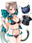  1girl animal_ears bare_shoulders black_bra black_hat black_panties blush bow bra breasts cat_ears cat_girl cat_tail choker cleavage collarbone commentary_request facial_mark frilled_choker frills genshin_impact gloves green_bow grey_hair hair_bow hat highres large_breasts long_hair looking_at_viewer lynette_(genshin_impact) navel panties ponytail purple_eyes seiru_(prairie) sidelocks solo star_(symbol) star_facial_mark tail thighs top_hat underwear white_gloves 