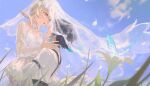  1boy 1girl absurdres alternate_costume black_hair blonde_hair blue_sky braid bridal_veil cecilia_flower_(genshin_impact) couple dress fridaynightcat genshin_impact hetero highres lumine_(genshin_impact) outdoors shirt short_hair sky suspenders twin_braids veil venti_(genshin_impact) white_dress white_shirt yellow_eyes 