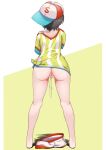  1girl absurdres ass ass_focus backwards_hat baseball_cap black_hair covering_privates hat highres holding holding_clothes holding_panties holding_underwear hololive loose_clothes loose_shirt oozora_subaru oozora_subaru_(1st_costume) panties shirt short_hair short_sleeves shorts striped_clothes striped_shirt thighs underwear unworn_shorts vertical-striped_clothes vertical-striped_shirt virtual_youtuber zonzu 