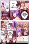  ass ayane_(doa) bad_id bad_pixiv_id breasts brown_hair closed_eyes collarbone comic dead_or_alive english hairband hitomi_(doa) huge_breasts kasumi_(doa) multiple_girls navel ninja nipples nude open_mouth ponytail x-teal2 