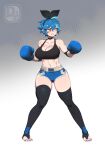  ahoge bare_shoulders black_choker black_hairband black_thighhighs blue_gloves blue_hair blue_nails boxing_gloves boxing_shorts breasts bridal_legwear choker cleavage dif_(difman) difman dyed_ahoge feet fighting_stance gloves gradient_background grey_background hairband highres large_breasts mole mole_under_eye nail_polish original shorts signature solo stirrup_legwear thighhighs toeless_legwear toenail_polish toenails white_background yellow_eyes 