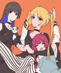  3girls armpits bead_bracelet beads black_choker black_dress black_hair black_jacket black_shirt blonde_hair bloom_into_me15 blue_dress blue_eyes blue_hair blush bocchi_the_rock! bracelet choker closed_eyes clothing_cutout colored_inner_hair dress feet_out_of_frame frown furrowed_brow headlock highres hiroi_kikuri holding holding_stuffed_toy ijichi_seika jacket jewelry letterman_jacket lip_piercing long_hair long_sleeves looking_at_viewer multicolored_hair multiple_girls open_mouth own_hands_together pa-san pants piercing red_eyes shirt shoulder_cutout sitting sleeveless sleeveless_dress smile spread_legs striped_clothes striped_pants stuffed_animal stuffed_panda stuffed_toy twintails vertical-striped_clothes vertical-striped_pants white_pants white_sleeves 