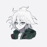  1boy brown_eyes cheong_(nept1211) collarbone cropped_shoulders danganronpa_(series) danganronpa_2:_goodbye_despair green_jacket grey_background grey_hair hair_between_eyes hood hood_down hooded_jacket jacket komaeda_nagito messy_hair pale_skin simple_background smile solo 