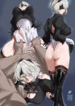  1boy 1girl 2b_(nier:automata) ass back_cutout bar_censor black_blindfold black_hairband black_thighhighs blindfold boots breasts censored clothing_aside clothing_cutout covered_eyes covered_navel cowgirl_position english_commentary fellatio grey_hair hairband hetero highres juliet_sleeves large_breasts leotard leotard_aside long_sleeves mole mole_under_mouth mosaic_censoring multiple_views nier:automata nier_(series) noriko_(ni_noriko) oral penis puffy_sleeves sex short_hair straddling testicles thigh_boots thighhighs thighhighs_under_boots tongue tongue_out 