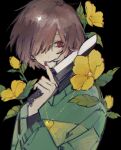  1other brown_hair chara_(undertale) commentary flower hair_over_one_eye holding holding_knife jewelry knife long_sleeves nail_polish necklace red_eyes short_hair smile solo sweater takenaka_(takenaka1111) undertale upper_body 