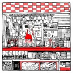  1boy apron cooking cup drinking_glass indoors itowo_(itowc) loaded_interior male_focus monochrome one_piece red_theme sanji_(one_piece) smile solo wine_glass 