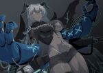  1girl arbiter_strength_viii_(azur_lane) armored_boots azur_lane black_shorts boots breasts broken broken_chain chain closed_mouth colored_skin commentary_request commission cowboy_shot crop_top cross_scar grey_background grey_hair grey_skin hair_between_eyes highleg highleg_panties highres horns large_breasts long_hair looking_at_viewer mechanical_arms navel ozaneko panties rigging scar scar_on_leg scar_on_stomach short_shorts shorts sidelocks simple_background siren_(azur_lane) skeb_commission skindentation solo standing stomach toned_female turret underboob underwear very_long_hair yellow_eyes 