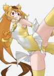  1girl animal_ears blonde_hair blue_eyes chinese_clothes cowboy_shot golden_snub-nosed_monkey_(kemono_friends) gradient_leotard high_kick highres kemono_friends kicking leotard long_hair monkey_ears monkey_girl monkey_tail multicolored_hair simple_background skirt solo tail tanabe_(fueisei) thighhighs tiara white_background white_skirt yellow_leotard yellow_thighhighs 