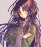  1girl bored character_request closed_mouth colored_eyelashes commentary_request copyright_request crossed_arms green_sleeves green_sweater grey_background highres light_blush light_frown long_hair long_sleeves parted_bangs purple_eyes purple_hair purple_outline purple_scarf scarf sidelocks simple_background solo sweater upper_body usamata very_long_hair 