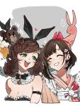  ... 2girls :d animal_ears animal_on_head apron arm_belt bare_shoulders bear beer_mug black_bow black_bowtie black_leotard bow bowtie braid breasts brown_hair bunny_bunny_(reverse:1999) cleavage collar cropped_torso cup detached_collar fake_animal_ears flower frilled_apron frilled_collar frills frog_hair_ornament green_eyes grey_background grin hair_bow hair_ornament highres holding holding_cup japanese_clothes kaeru_(uj26cobrsv) kimono leotard long_hair looking_at_another looking_to_the_side low_twin_braids maid mug multiple_girls notice_lines on_head pink_flower playboy_bunny rabbit rabbit_ears rabbit_ornament red_bow reverse:1999 satsuki_(reverse:1999) short_hair smile spoken_ellipsis strapless strapless_leotard striped_clothes striped_kimono teeth traditional_bowtie twin_braids two-tone_background upper_body upper_teeth_only vertical-striped_clothes vertical-striped_kimono wa_maid white_apron white_background white_flower yellow_kimono 