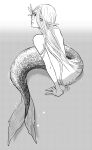  1girl full_body gradient_background greyscale highres long_hair looking_back mermaid monochrome monster_girl nakahara_roku original partially_submerged sitting solo 