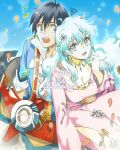  +_+ 1boy 1girl arm_around_waist black_eyes black_hair blue_eyes blue_hair blue_sky breasts cleavage couple dress drill earrings flower hair_between_eyes hair_flower hair_ornament happy_anniversary hetero highres jacket jewelry lagann long_hair long_sleeves looking_at_another necklace nia_teppelin open_clothes open_jacket open_mouth petals pink_dress ring shirt short_hair simon_(ttgl) sky symbol-shaped_pupils teeth tengen_toppa_gurren_lagann very_long_hair white_shirt yukimitsuki 