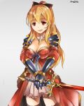  1girl armor artist_name black_bow blonde_hair bow breasts cleavage commentary cowboy_shot dated dress gauntlets granblue_fantasy grey_background hair_between_eyes hair_bow holding holding_sword holding_weapon kazetuki large_breasts long_hair looking_at_viewer parted_lips ponytail red_dress red_eyes shoulder_armor simple_background smile solo standing sword thighhighs third-party_source very_long_hair vira_(granblue_fantasy) weapon 