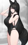  1girl :d animal_ears bare_shoulders black-haired_fox_girl_(hayabusa) black_hair black_one-piece_swimsuit blue_eyes blush breasts commentary_request fox_ears fox_girl fox_tail from_side hayabusa highleg highleg_swimsuit highres large_breasts long_hair looking_at_viewer looking_to_the_side mole mole_under_eye one-piece_swimsuit open_mouth original signature smile solo swimsuit tail thick_eyebrows thighs 