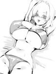  1girl :3 arms_up bikini blush breasts cleavage commentary double-parted_bangs elegg_(nikke) goddess_of_victory:_nikke greyscale hair_between_eyes hair_intakes highres huge_breasts looking_at_viewer lying monochrome navel olys on_back open_mouth short_hair sketch small_sweatdrop solo sweat swimsuit symbol-only_commentary twitter_username 