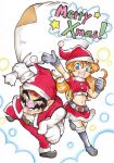  1boy 1girl arm_up big_nose black_footwear black_gloves cleft_chin facial_hair gift_bag gloves hat long_hair midriff mona_(warioware) mustache navel omu_(sinsindan) open_mouth orange_hair pointy_ears red_skirt santa_costume santa_hat skirt smile wario warioware 