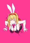  1girl alternate_costume animal_ears blonde_hair bow bowtie breasts cleavage detached_collar fake_animal_ears hairband hololive hololive_indonesia kaela_kovalskia large_breasts leopxl medium_hair parody pink_background pixel_art rabbit_ears rabbit_hole_(vocaloid) red_eyes solo sweat through_wall vocaloid 