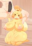  abs absurd_res animal_crossing anthro ball_grab balls big_breasts blonde_hair blush breasts canid canine canis censored cock_and_ball_torture domestic_dog erection female fur genital_torture genitals hair hi_res huge_breasts human human_on_anthro interspecies isabelle_(animal_crossing) kneeling male male/female mammal nintendo nipples nude omenyanozero smile thick_thighs yellow_body yellow_fur 