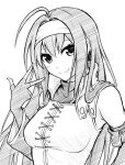  1girl ahoge closed_mouth fingerless_gloves fire_emblem fire_emblem:_path_of_radiance gloves long_hair looking_at_viewer mia_(fire_emblem) monochrome simple_background smile solo ten_(tenchan_man) upper_body white_background 