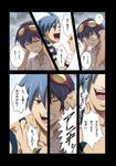  akagi_gishou blue_hair comic goggles goggles_on_head kamina multiple_boys shirtless shouting simon tattoo tears tengen_toppa_gurren_lagann translation_request 