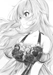  1girl bare_shoulders breasts closed_mouth collarbone commentary detached_sleeves dress floral_print frilled_dress frills greyscale highres hoshii_miki idolmaster idolmaster_(classic) idolmaster_million_live! idolmaster_million_live!_theater_days large_breasts light_smile long_hair looking_to_the_side monochrome negligee nightgown official_alternate_costume puffy_detached_sleeves puffy_sleeves rose_print sasa_koutoyomu sexy_beautiful_(idolmaster) sidelocks simple_background solo upper_body very_long_hair wavy_hair white_background 