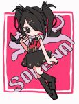  3774. ame-chan_(needy_girl_overdose) black_bow black_bowtie black_eyes black_footwear black_hair black_skirt black_socks border bow bowtie full_body hair_ornament hair_over_one_eye nail_polish needy_girl_overdose outside_border pink_background red_nails red_shirt shirt skirt socks suspender_skirt suspenders twintails white_border x_hair_ornament 