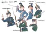  1870 absurdres aiguillette ammunition_pouch backpack bag bayonet belt black_belt blonde_hair blue_eyes blue_jacket braid brown_hair buttons canteen cavalry_sword closed_mouth commentary cropped_torso german_text green_eyes green_jacket gun hat hat_ornament helmet highres holding holding_gun holding_weapon jacket karasumi_(sumizono) load_bearing_equipment long_hair long_sleeves looking_at_viewer mess_kit military military_hat military_jacket military_uniform multiple_girls musket one_eye_closed open_mouth original peaked_cap pickelhaube plume pouch saber_(weapon) short_hair shoulder_boards simple_background soldier sword uhlan uniform upper_body weapon white_belt 