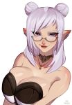  1girl absurdres artist_name bare_shoulders breasts cleavage double_bun elezen elf final_fantasy final_fantasy_xiv glasses hair_bun highres jewelry large_breasts long_hair looking_at_viewer maewix_(artist) necklace pointy_ears purple_eyes semi-rimless_eyewear simple_background sleeveless smile solo upper_body warrior_of_light_(ff14) white_background white_hair 