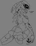  anthro bethesda_softworks big_breasts big_hands breasts claws curved_horn deathclaw dorans_flea fallout female front_view genitals greyscale hi_res horn microsoft monochrome nipples non-mammal_breasts non-mammal_nipples nude pussy reptile scalie sketch solo standing tail 