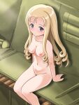  1girl blonde_hair blue_eyes blush breasts closed_mouth drill_hair from_above girls_und_panzer highres long_hair looking_at_viewer marie_(girls_und_panzer) medium_breasts military_vehicle motor_vehicle navel nipples nude pussy sitting solo tank zakiwo_(rrxn8224) 