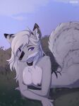 absurd_res alolan_form anthro bangs black_nipples black_stripes breasts butt canid canine canis collar collar_only fan_character female fluffy fluffy_chest fluffy_tail fur generation_1_pokemon generation_7_pokemon giesenn grey_body hair hi_res light long_hair lying mammal nature nature_background ninetales nintendo nipples nude on_front on_grass pinup pokemon pokemon_(species) pose purple_eyes regional_form_(pokemon) simple_background slim small_breasts smile solo solo_focus stripes sunlight tail white_body white_fur white_hair