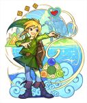  1boy 9twoeight absurdres belt belt_buckle black_footwear blonde_hair blue_eyes boots buckle full_body green_tunic heart highres link looking_to_the_side magic male_focus medium_hair ocean open_mouth pants pointy_ears pointy_hat sidelocks smile solo standing the_legend_of_zelda the_legend_of_zelda:_the_wind_waker white_pants 