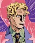  1boy 5altybitter5 blonde_hair closed_mouth coat diamond_wa_kudakenai green_shirt jojo_no_kimyou_na_bouken killer_queen kira_yoshikage looking_at_viewer male_focus necktie portrait purple_coat purple_eyes purple_necktie shirt striped_clothes striped_shirt 