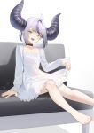  1girl :d absurdres ahoge bare_legs barefoot blush breasts collarbone couch demon_girl demon_horns dress feet grey_hair hair_between_eyes highres hololive horns la+_darknesss long_sleeves looking_at_viewer multicolored_hair on_couch open_mouth pero_(peroneko0510) pointy_ears purple_hair sitting small_breasts smile solo streaked_hair striped_horns teeth toes upper_teeth_only virtual_youtuber white_dress yellow_eyes 
