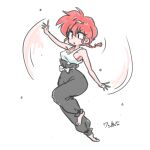  1girl :o bare_arms barefoot belt black_pants blush braid braided_ponytail breasts cleavage concentrating genderswap genderswap_(mtf) jumping looking_to_the_side medium_breasts motion_lines narrow_waist nose_blush pants ranma-chan ranma_1/2 red_hair saotome_ranma sideboob signature tank_top wanta_(futoshi) waving_arms white_background white_belt white_tank_top wide_hips windmilling 