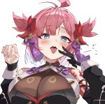  1girl ahoge blue_eyes breasts bright_pupils chichiri detached_sleeves fingernails gloves granblue_fantasy highres huge_breasts pink_hair pointy_ears single_glove tongue tongue_out two_side_up white_background wuzhu_nis 