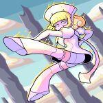  1girl angelic_layer blanche_(angelic_layer) blonde_hair blunt_bangs boots cloud covered_mouth dress floating full_body glowing hat juliet_sleeves long_sleeves nurse_cap orange_eyes puffy_sleeves short_hair shorts solo thigh_boots valmardraws white_dress white_footwear white_hat white_shorts 
