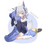  1girl absurdres aged_down ahoge animal_ear_fluff animal_ears azur_lane blue_eyes blue_kimono blue_ribbon character_name closed_mouth fox_ears fox_girl fox_tail full_body grey_hair hair_ribbon hands_up highres holding holding_pillow japanese_clothes kimono leg_warmers medium_hair one_eye_closed pillow ribbon shinano-chan_(azur_lane) simple_background sleeves_past_fingers sleeves_past_wrists solo tail user_gayc3272 white_background 