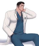  1boy bara doctor facial_hair feet_out_of_frame highres ina_(ina29ana) lab_coat large_pectorals light_blush long_sideburns looking_at_viewer male_focus mature_male muscular muscular_male original pectoral_cleavage pectorals sideburns sideburns_stubble sitting solo sparse_chest_hair stubble thick_eyebrows tsurime 