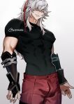  1boy black_shirt cowboy_shot eriimyon gauntlets hair_over_one_eye hair_ribbon highres honkai:_star_rail honkai_(series) jing_yuan long_hair looking_at_viewer male_focus pectorals red_ribbon ribbon shirt simple_background smile solo toned toned_male white_background white_hair 