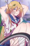  1girl ;p andrian_januar_adilia arm_behind_head armpit_peek bandaid bandaid_on_arm bandaid_on_leg bicycle blonde_hair blue_eyes blue_sailor_collar blue_skirt collarbone commentary english_commentary gauze gauze_on_cheek hair_between_eyes highres leaf leaf_on_head long_hair looking_at_viewer neckerchief one_eye_closed original outdoors pleated_skirt red_neckerchief sailor_collar school_uniform shirt short_sleeves sitting skirt solo tongue tongue_out upper_body white_shirt 