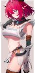  1girl absurdres armpits black_gloves blue_eyes breasts cleavage getto gloves halo heterochromia highres hololive hololive_english horns irys_(hololive) irys_(irys_2.0)_(hololive) kirin_(armor) loincloth looking_at_viewer monster_hunter_(series) navel red_eyes red_hair short_hair solo underboob 