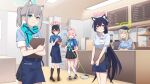  5girls :d ^_^ ahoge alternate_hairstyle animal_ear_fluff animal_ears apron aqua_necktie ayane_(blue_archive) baseball_cap black_hair black_skirt blue_apron blue_archive blue_eyes blue_scarf blue_shirt blurry brown_hair cabbie_hat cafe cashier cat_ears cat_girl closed_eyes coffee_maker commentary_request cross_hair_ornament depth_of_field display_case dual_wielding earrings extra_ears foreclosure_task_force_(blue_archive) glasses grey_hair hair_between_eyes hair_bun hair_ornament halo hat highres holding holding_menu holding_mop holding_notebook holding_pen holding_tray hoshino_(blue_archive) hugging_object id_card indoors jewelry long_hair looking_at_viewer medium_hair menu mismatched_pupils mop multiple_girls necktie nonomi_(blue_archive) notebook official_alternate_costume official_alternate_hairstyle pen pink_hair plaid plaid_skirt pleated_skirt pointy_ears police_riot_(artist) ponytail red_eyes restaurant scarf scone serika_(blue_archive) shiroko_(blue_archive) shirt short_hair short_sleeves shoulder_strap sidelocks single_side_bun skirt sleeves_rolled_up smile tray v_arms waist_apron waitress white_shirt wolf_ears wolf_girl 