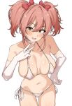  1girl bare_shoulders bikini blush bow breasts choker collarbone commentary_request elbow_gloves gloves hair_between_eyes hair_bow idolmaster idolmaster_cinderella_girls jougasaki_mika large_breasts long_hair looking_at_viewer navel open_mouth pink_hair red_bow seihekiog side-tie_bikini_bottom simple_background smile solo stomach swimsuit thighs twintails white_background white_bikini white_choker white_gloves yellow_eyes 