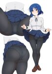  1girl absurdres ass ass_visible_through_thighs black_pantyhose blue_hair blue_skirt blush bocchi_the_rock! breasts brown_footwear closed_mouth clothes_lift collared_shirt cropped_legs cropped_torso eyebrows_hidden_by_hair from_behind full_body groin hair_over_eyes highres lifted_by_self looking_at_viewer medium_breasts multiple_views panties panties_under_pantyhose pantyhose school_uniform shirt short_hair simple_background sitting skirt skirt_lift spread_legs thigh_gap underwear usazirou539 white_background white_panties white_shirt yamada_ryo yellow_eyes 