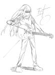  1girl bocchi_the_rock! closed_mouth commentary_request cube_hair_ornament electric_guitar full_body gotoh_hitori greyscale guitar hair_ornament highres instrument korean_commentary long_hair monochrome pants playing_guitar shadow shirt short_sleeves solo standing sweat zhr100 