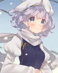 1girl :o blue_eyes blue_sky blue_vest blurry blurry_background blush breasts commentary_request eyelashes hat interlocked_fingers juliet_sleeves letty_whiterock long_sleeves looking_at_viewer medium_breasts own_hands_together parted_lips puffy_sleeves purple_hair scarf shirt short_hair sky snowing solo sunrise touhou upper_body usamata vest wavy_hair white_hat white_scarf white_shirt white_sleeves 
